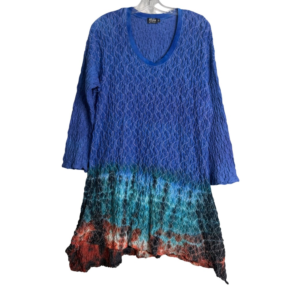 Art of Cloth Tunic Dress Womens Plus Size 1X Blue Multi‎ Tie Dye Lagenlook Boho